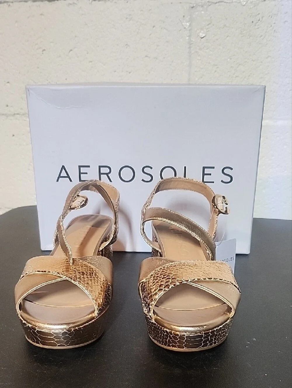 AEROSOLES Rose Gold Snake-Print Platform Sandals